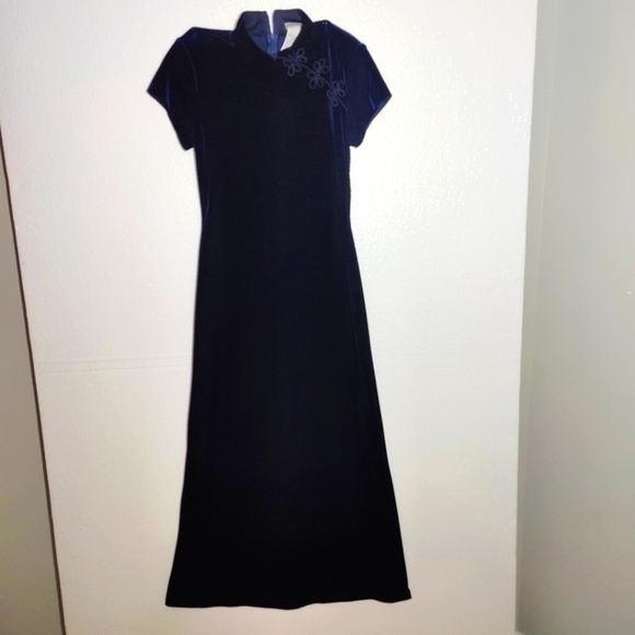 Vintage 80s Rhapsody Soft Slinky Poly Velvet Frog Collar Maxi Dress .Blue Size 8 - Picture 1 of 9